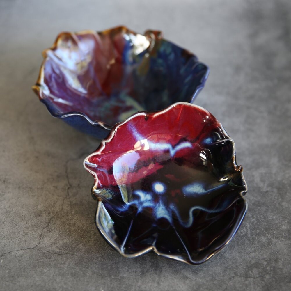 Charles Focht Signed Pottery Dish Set Red and Blue